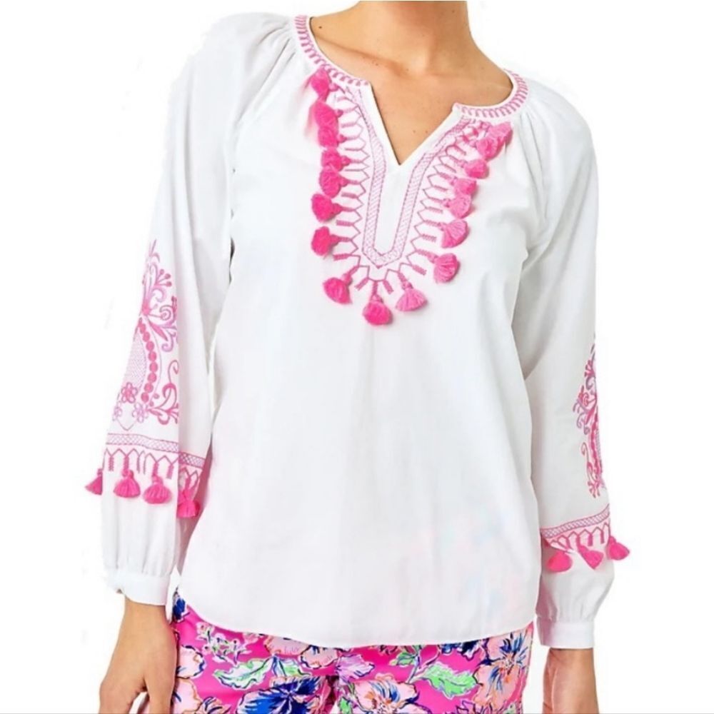 Lilly Pulitzer Women Resort White Kaydence Tunic Top With Pink Tassels Size XXS